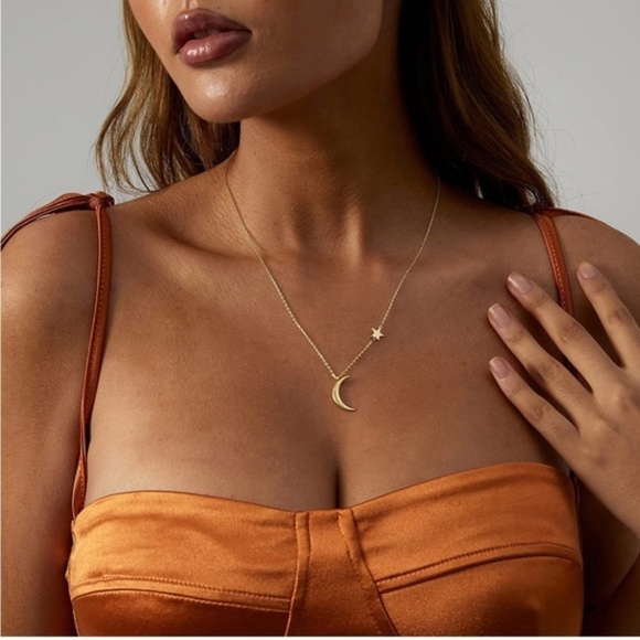 Gold 14k Gold Plated Moon & Star Chain Necklace - Picture 2 of 3